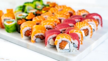 Vibrant assorted sushi rolls displayed on a marble plate, perfect for buffet, catering, menus, promotions, showcasing fresh seafood, Japanese cuisine, gourmet presentation, elegance, and dining.