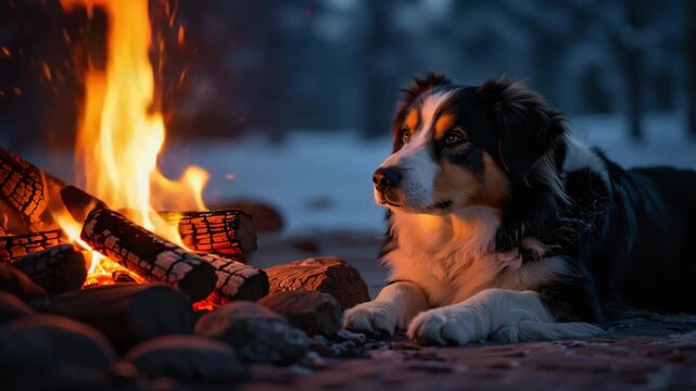 Border Collie dog resting by a warm campfire in a cold outdoor setting at dusk for a cozy winter evening concept and animal companionship