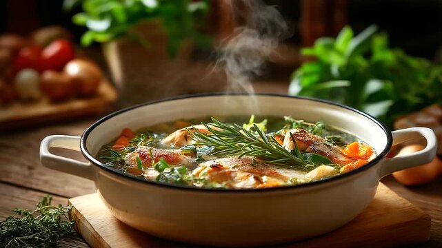 Grandma&rsquo;s enamel pot with fish and vegetables simmering, farmhouse kitchen nostalgia, warm family cooking, with copy space