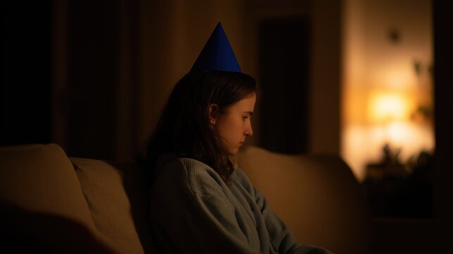 A sad girl in a blue party hat sits on the sofa. Sadness. Solitude. Upset. Young woman with a melancholy