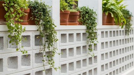Naklejka premium Decorative white concrete block fence with terracotta potted plants and hanging greenery for a fresh garden look. 