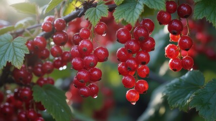 Fresh ripe red currants hanging on a bush branch in the garden