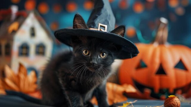 Video A black cat wearing a witch's hat sits next to pumpkins, perfect for Halloween or autumn-themed designs