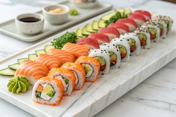 Vibrant assorted sushi rolls displayed on a marble plate, perfect for buffet, catering, menus, promotions, showcasing fresh seafood, Japanese cuisine, gourmet presentation, elegance, and dining.