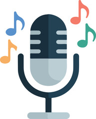 Vector icon of a microphone surrounded by vibrant musical notes for audio and sound related concepts.