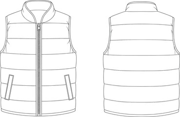 Sleeveless padded vest technical sketch, front and back view fashion flat drawing, quilted panel and zip detail, cad drawing flat vector illustration