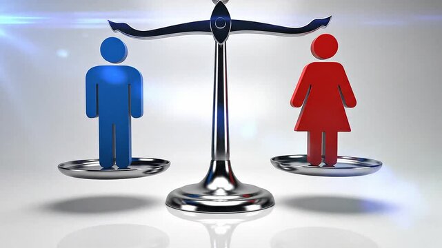 3D illustration of a blue male and a red female figure standing on either side of a balance scale on a reflective surface with a gray background.