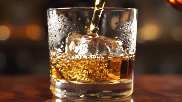 Close-up shot of whiskey being poured into a short glass with ice on a wooden bar with a blurred background.