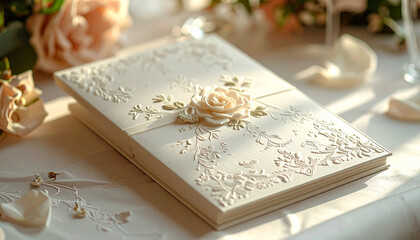 Wedding invitation card with embossed rose and elegant design