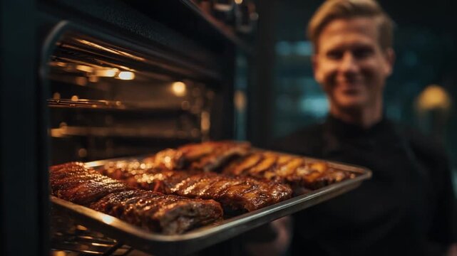 Culinary Delight: A chef, beaming with pride, presents a tray of expertly cooked ribs fresh from the oven, their savory aroma promising a feast.