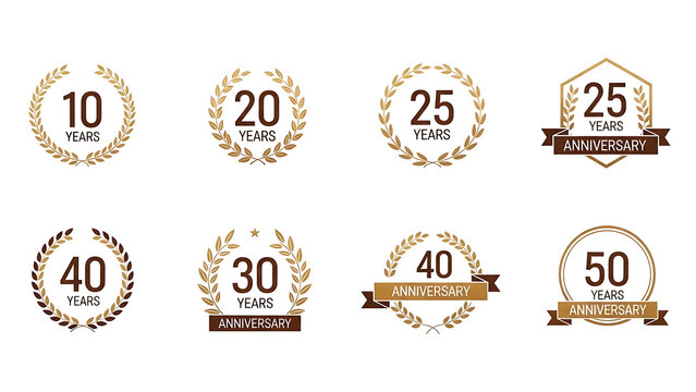 A collection of elegant golden anniversary badges and seals, celebrating milestones from ten to fifty years with laurel wreaths and ribbons - Powered by Adobe