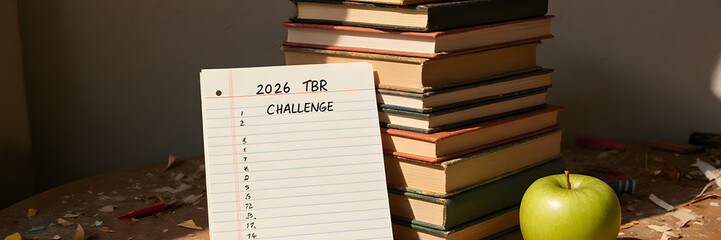 Dynamic desk scene with unread books and challenge list in sunlight  