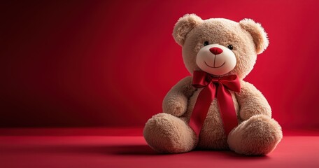 Fototapeta premium A cute teddy bear with a red ribbon, perfect as a Valentine’s Day gift. Festive mood with copy space for greeting cards and holiday promotions