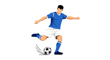 Soccer player in blue and white kicks a black and white ball