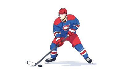 Fototapeta premium A hockey player in blue and red with a hockey stick