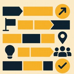 Fototapeta premium Streamlined visual elements illustrating project management concepts including planning, direction, teamwork, and decision making in an abstract layout emphasizing productivity
