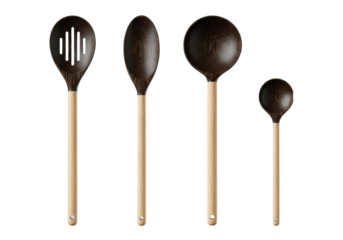 Four distinct wooden kitchen spoons with light handles and dark textured bowls in an aligned row, standing upright on a seamless transparent background with copy space. Concept of kitchen essentials