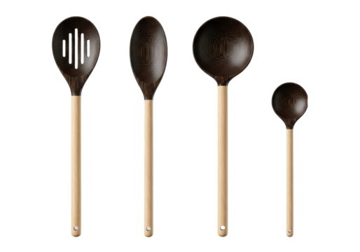 Four distinct wooden kitchen spoons with light handles and dark textured bowls in an aligned row, standing upright on a seamless transparent background with copy space. Concept of kitchen essentials