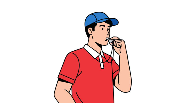 Coach blows whistle in red shirt  blue cap simple color graphic illustration on white