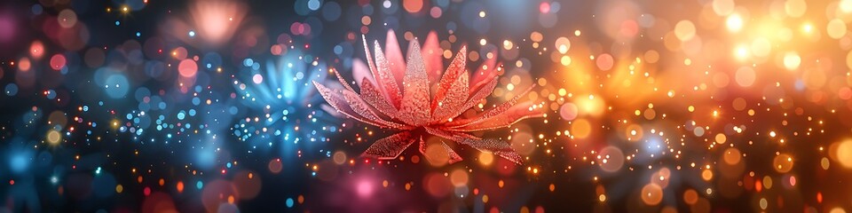 Panoramic tranquil lotus flower illuminating a mystical bokeh background with vibrant colors