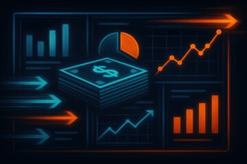 Naklejka premium Abstract financial growth visualization featuring dollar bills data analytics with vibrant bar charts and line graphs illustrating market trends and economic prosperity concepts