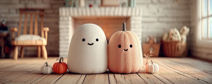 Cute white and orange pumpkins with smiling faces in a cozy home setting for Halloween