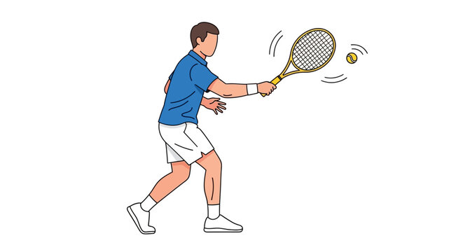 Man in blue hits tennis ball with racket poised facing away on white
