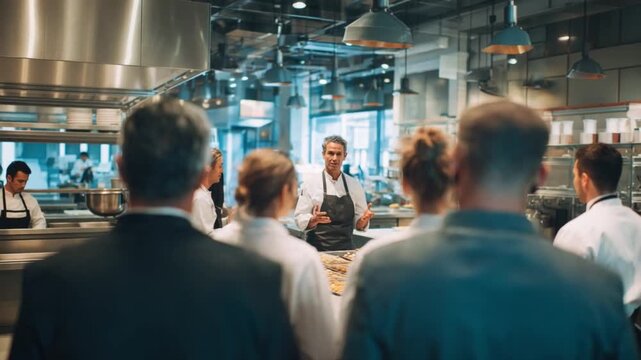 Culinary Leadership in the Kitchen: An experienced chef leading a team of culinary professionals in a modern, stainless steel kitchen, embodying expertise and teamwork. 