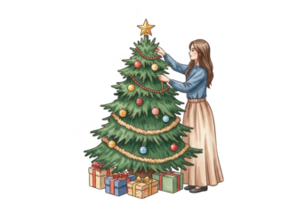 Young woman decorating christmas tree with gifts, isolated on transparent background