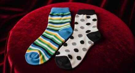 Striped and Polka Dot Patterned Socks on a Red Velvet Surface for Stylish Comfort