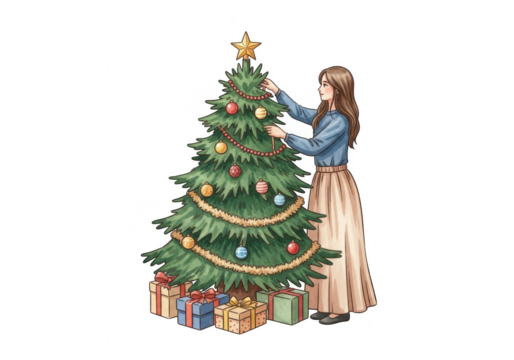Young woman decorating christmas tree with gifts, isolated on transparent background - Powered by Adobe