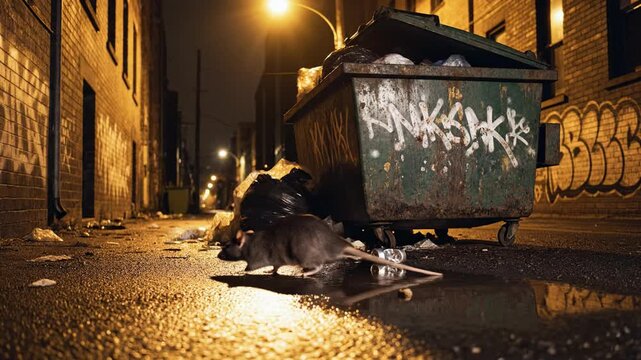 Rat scavenging near overflowing dumpster in dark wet alleyway at night. Scene highlights urban decay, sanitation issues and pest control concepts for city life visuals.