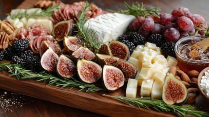 Fall Charcuterie Board with Black Pepper-Honey Brie, Figs and Rosemary. Gourmet cheese and fruit platter with fresh figs, grapes, and blackberries on wooden board