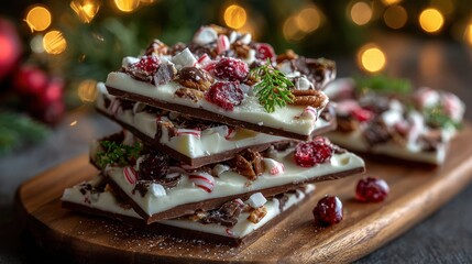 Festive holiday chocolate bark with cranberries and peppermint on wooden platter