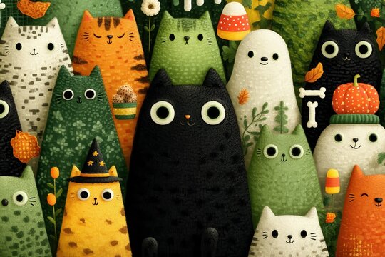 Cute Halloween Cats Pattern With Pumpkins And Ghosts In A Whimsical Garden Scene - Powered by Adobe