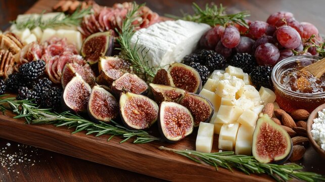 Fall Charcuterie Board with Black Pepper-Honey Brie, Figs and Rosemary. Gourmet cheese and fruit platter with fresh figs, grapes, and blackberries on wooden board - Powered by Adobe