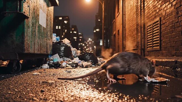 Dark alleyway with overflowing dumpster and rat scurrying across wet pavement at night. Gritty urban scene depicting pollution and decay, perfect for city crime concepts.