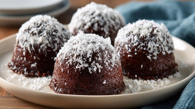 Mini Chocolate Snowball Cakes. Delicious chocolate coconut mini bundt cakes on white plate with blue cloth - Powered by Adobe