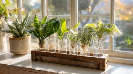 Indoor potted plants by sunny window with bright green foliage and rustic wooden tray