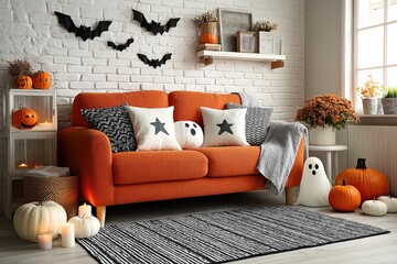 Obraz premium Cozy orange sofa in Halloween decor with pumpkins, ghosts, and bats in a chic living room