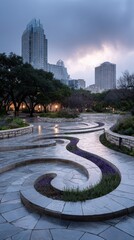 Obraz premium Modern urban park: curved stone pathway at dusk with city skyline