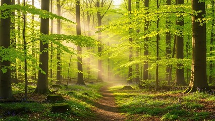 Obraz premium Sunlight streams through lush green forest canopy illuminating a winding path in early morning mist