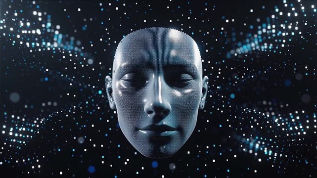 A digital humanoid face made of glowing particles forms in a dark space. The clip represents artificial intelligence, future technology, and a mysterious sci-fi aesthetic.