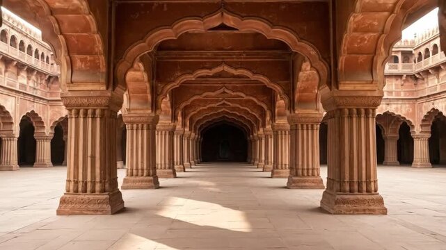 Majestic walkthrough of ancient archways in sunlit historical corridor