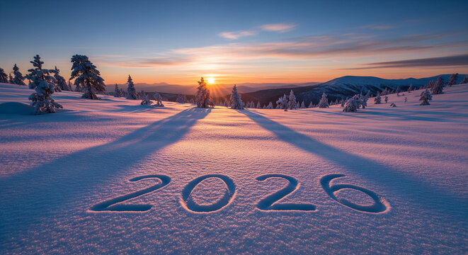  A sunrise over a serene, untouched snow-covered landscape, with the light creating long, blue shadows. The number '2026' is subtly embossed or rendered into the snow in the foreground. Usage .