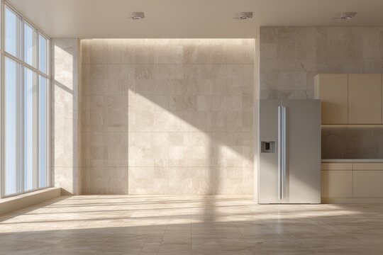 Modern kitchen space with large windows and sunlight streaming in.