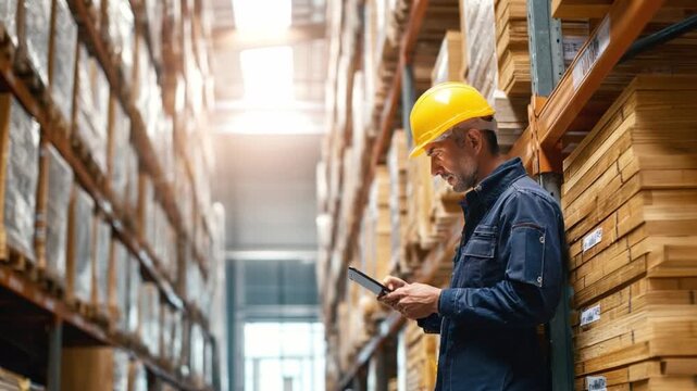 Warehouse Logistics: A warehouse worker diligently reviews inventory, managing stock levels. The image underscores efficiency and organization in the heart of operations.