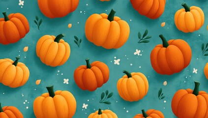 Halloween pumpkin pattern on teal background with bright orange pumpkins and decorative leaves