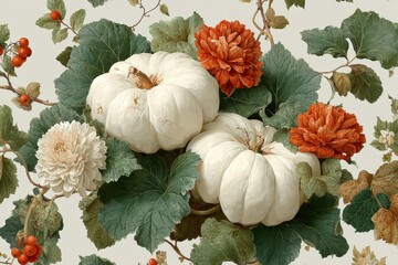 Painted illustration of white pumpkins with orange chrysanthemums and lush green leaves in an autumn still life scene