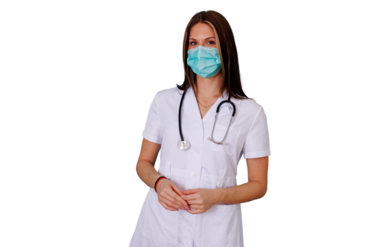 Woman doctor wearing medical mask and stethoscope, standing with hands clasped. Healthcare professional on transparent background - Powered by Adobe